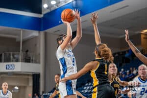 Creighton Bluejay Tara Dacic (#9) shoots a jump shot during an exhibition against Missouri Western on Wednesday, October 22, 2025, in Omaha, Nebraska. Photo by Brandon Tiedemann.
