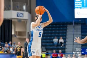 Creighton Bluejay Tara Dacic (#9) shoots a three pointer during an exhibition against Missouri Western on Wednesday, October 22, 2025, in Omaha, Nebraska. Photo by Brandon Tiedemann.