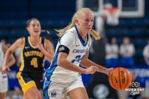 Creighton Bluejay Ava Zediker (#24) dribbles during an exhibition against Missouri Western on Wednesday, October 22, 2025, in Omaha, Nebraska. Photo by Brandon Tiedemann.