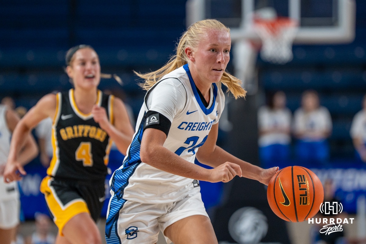 Creighton Bluejay Ava Zediker (#24) dribbles during an exhibition against Missouri Western on Wednesday, October 22, 2025, in Omaha, Nebraska. Photo by Brandon Tiedemann.