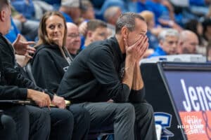 Creighton Bluejay head coach Jim Flanery sits upset on the bench during an exhibition against Missouri Western on Wednesday, October 22, 2025, in Omaha, Nebraska. Photo by Brandon Tiedemann.