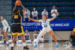 Creighton Bluejay Grace Boffeli (#42) defends during an exhibition against Missouri Western on Wednesday, October 22, 2025, in Omaha, Nebraska. Photo by Brandon Tiedemann.