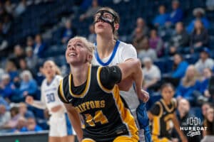 Creighton Bluejay Tara Dacic (#9) tries to get a rebound during an exhibition against Missouri Western on Wednesday, October 22, 2025, in Omaha, Nebraska. Photo by Brandon Tiedemann.