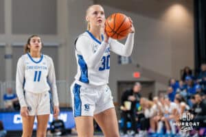 Creighton Bluejay Norah Gessert (#30) shoots a free throw during an exhibition against Missouri Western on Wednesday, October 22, 2025, in Omaha, Nebraska. Photo by Brandon Tiedemann.