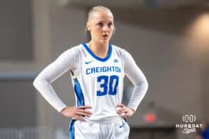 Creighton Bluejay Norah Gessert (#30) waits to shoot a free throw during an exhibition against Missouri Western on Wednesday, October 22, 2025, in Omaha, Nebraska. Photo by Brandon Tiedemann.