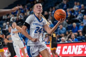 Creighton Bluejay Ava Zediker (#24) looks to shoot a layup during an exhibition against Missouri Western on Wednesday, October 22, 2025, in Omaha, Nebraska. Photo by Brandon Tiedemann.