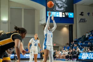 Creighton Bluejay Kendall McGee (#1) shoots a free throw during an exhibition against Missouri Western on Wednesday, October 22, 2025, in Omaha, Nebraska. Photo by Brandon Tiedemann.