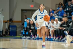 Creighton Bluejay Kiani Lockett (#11) looks to pass during an exhibition against Missouri Western on Wednesday, October 22, 2025, in Omaha, Nebraska. Photo by Brandon Tiedemann.