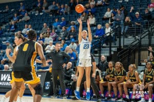 Creighton Bluejay Neleigh Gessert (#23) shoots a three during an exhibition against Missouri Western on Wednesday, October 22, 2025, in Omaha, Nebraska. Photo by Brandon Tiedemann.