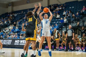 Creighton Bluejay Kennedy Townsend (#2) shoots a jump shot during an exhibition against Missouri Western on Wednesday, October 22, 2025, in Omaha, Nebraska. Photo by Brandon Tiedemann.