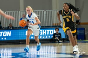 Creighton Bluejay Ava Zediker (#24) pushes the ball up court during an exhibition against Missouri Western on Wednesday, October 22, 2025, in Omaha, Nebraska. Photo by Brandon Tiedemann.