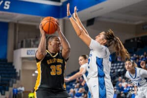 Creighton Bluejay Grace Boffeli (#42) defends an opponent during an exhibition against Missouri Western on Wednesday, October 22, 2025, in Omaha, Nebraska. Photo by Brandon Tiedemann.