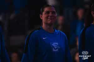 Creighton Bluejay Kennedy Townsend (#2) smiles before an exhibition against Missouri Western on Wednesday, October 22, 2025, in Omaha, Nebraska. Photo by Brandon Tiedemann.