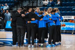Creighton Bluejays huddle up before an exhibition against Missouri Western on Wednesday, October 22, 2025, in Omaha, Nebraska. Photo by Brandon Tiedemann.