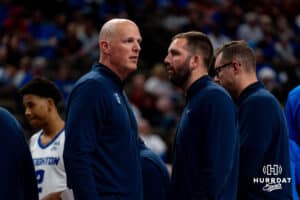 Creighton Bluejay coaches Alan Huss talks to Mitch Ballock during a basketball game against the Iowa State Cyclones at CHI Health Arena on Friday, October 17, 2025, in Omaha, Nebraska. Photo by Collin Stilen.