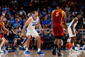Creighton Bluejay Isaac Traudt plays defense during a basketball game at CHI Health Arena on Friday, October 17, 2025, in Omaha, Nebraska. Photo by Collin Stilen.