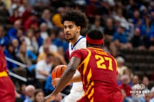 Creighton Bluejay Nik Graves looks to dribble during a basketball game at CHI Health Arena on Friday, October 17, 2025, in Omaha, Nebraska. Photo by Collin Stilen.