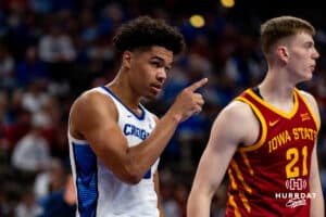 Creighton Bluejay Jasen Green during a basketball game against Iowa State at CHI Health Arena on Friday, October 17, 2025, in Omaha, Nebraska. Photo by Collin Stilen.