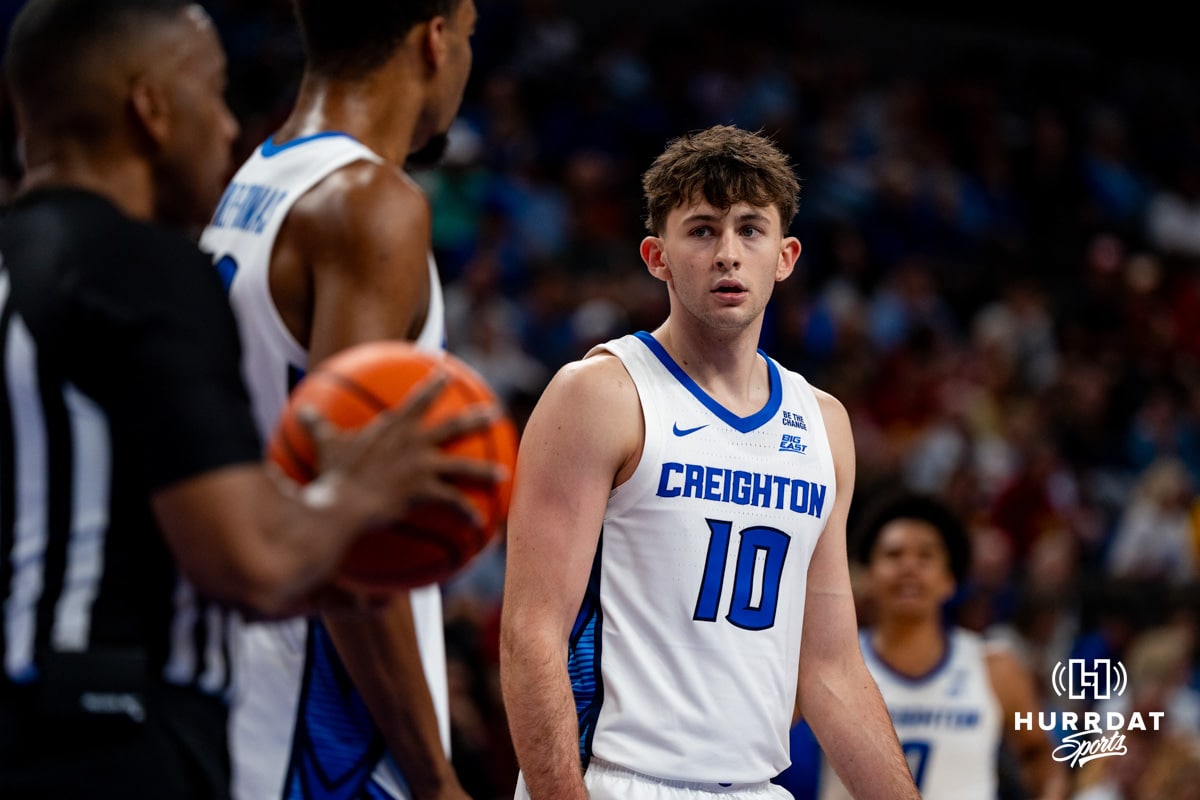 Creighton Bluejay Hudson Greer during a basketball game at CHI Health Arena on Friday, October 17, 2025, in Omaha, Nebraska. Photo by Collin Stilen.