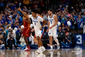 Creighton Bluejay Austin swartz celebrates a three during a basketball game at CHI Health Arena on Friday, October 17, 2025, in Omaha, Nebraska. Photo by Collin Stilen.