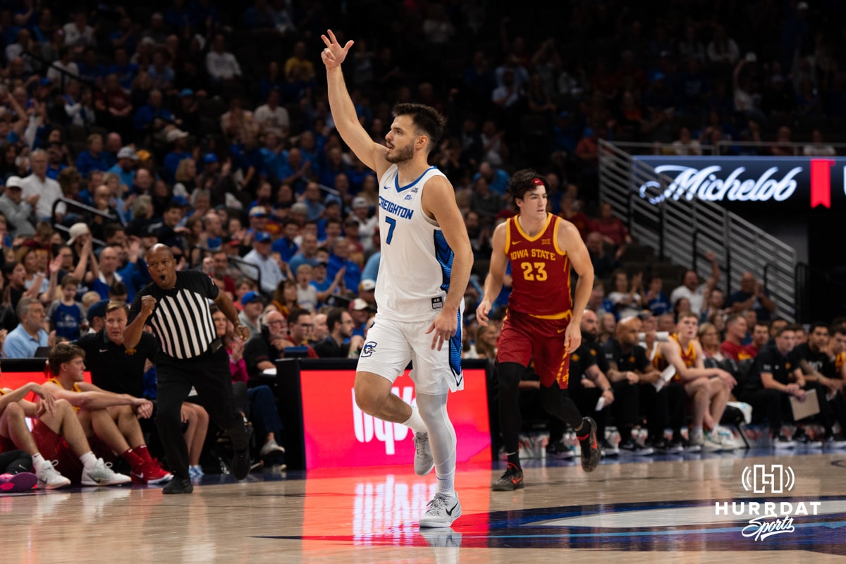 Creighton Bluejays Men’s Basketball vs Iowa State | October 17, 2025. Creighton Bluejay Fedor Žugič with a celebration symbolizing three pointer during a basketball game at CHI Health Arena on Friday, October 17, 2025, in Omaha, Nebraska. Photo by Collin Stilen.