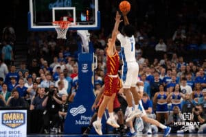 Creighton Bluejay Austin Swartz shoots a three during a basketball game at CHI Health Arena on Friday, October 17, 2025, in Omaha, Nebraska. Photo by Collin Stilen.
