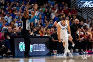 Creighton Bluejay Fedor Žugič with the scoring celebration during a basketball game at CHI Health Arena on Friday, October 17, 2025, in Omaha, Nebraska. Photo by Collin Stilen.