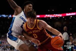 Creighton Bluejay Blake Harper defending against Iowa State Nate Heise during a basketball game at CHI Health Arena on Friday, October 17, 2025, in Omaha, Nebraska. Photo by Collin Stilen.
