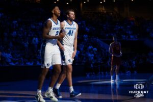 Creighton Bluejays Blake Harper and Isaac Traudt before the match during a basketball game against Iowa State at CHI Health Arena on Friday, October 17, 2025, in Omaha, Nebraska. Photo by Collin Stilen.