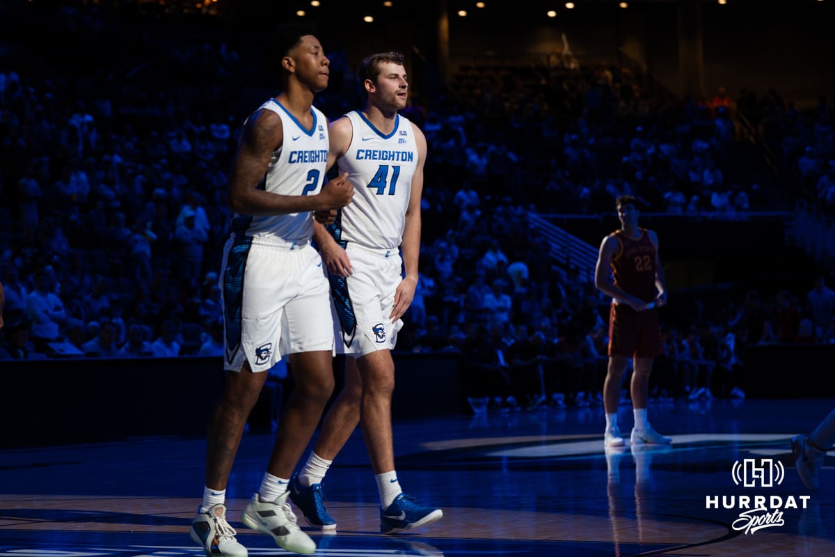 Creighton Bluejays Blake Harper and Isaac Traudt before the match during a basketball game against Iowa State at CHI Health Arena on Friday, October 17, 2025, in Omaha, Nebraska. Photo by Collin Stilen.