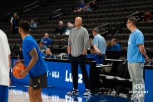 Creighton Bluejay assistant head coach Alan Huss watching warm ups before a college basketball game against Iowa State at CHI Health Arena on Friday, October 17, 2025, in Omaha, Nebraska. Photo by Collin Stilen.