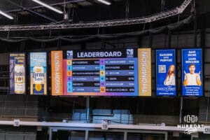 The Athletes Unlimited Volleyball leaderboard displays during the match of Team Thompson against Team Valentin-Anderson on Monday, October 13, 2025, in Omaha, Nebraska. Photo by Dawson Anderson.