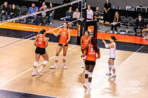 Team Valentin-Anderson celebrates a point during the Athletes Unlimited Volleyball match against Team Thompson on Monday, October 13, 2025, in Omaha, Nebraska. Photo by Dawson Anderson.