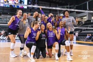 Team Hoffman celebrates a win after the Athletes Unlimited Volleyball match against Team Hentz on Monday, October 13, 2025, in Omaha, Nebraska. Photo by Dawson Anderson.
