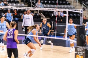 Team Hentz Morgan Hentz (#46) stays in motion in the back row during the Athletes Unlimited Volleyball match against Team Hoffman on Monday, October 13, 2025, in Omaha, Nebraska. Photo by Dawson Anderson.