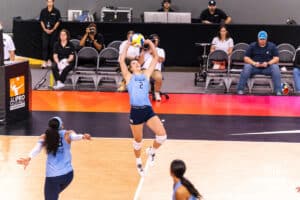 Team Hentz Sydney Hilley (2) sets the ball during the Athletes Unlimited Volleyball match against Team Hoffman on Monday, October 13, 2025, in Omaha, Nebraska. Photo by Dawson Anderson.