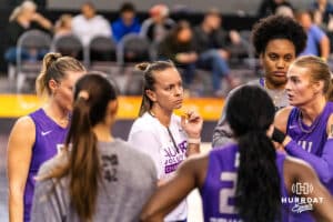 Team Hoffman head coach Kayla Banwarth talks while in a timeout during the Athletes Unlimited Volleyball match against against team Hentz on Monday, October 13, 2025, in Omaha, Nebraska. Photo by Dawson Anderson.