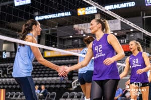 Team Hoffman Micha Hancock (#92) shakes hands with Team Hentz Sarah Parsons (#30) before the Athletes Unlimited Volleyball match on Monday, October 13, 2025, in Omaha, Nebraska. Photo by Dawson Anderson.