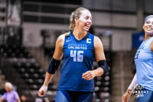 Team Hentz Morgan Hentz (#46) smiles on-court before the Athletes Unlimited Volleyball match against Team Hoffman on Monday, October 13, 2025, in Omaha, Nebraska. Photo by Dawson Anderson.