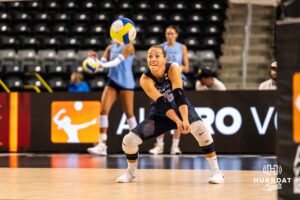 Team Hentz Morgan Hentz (#46) digs a serve before the Athletes Unlimited Volleyball match against Team Hoffman on Monday, October 13, 2025, in Omaha, Nebraska. Photo by Dawson Anderson.