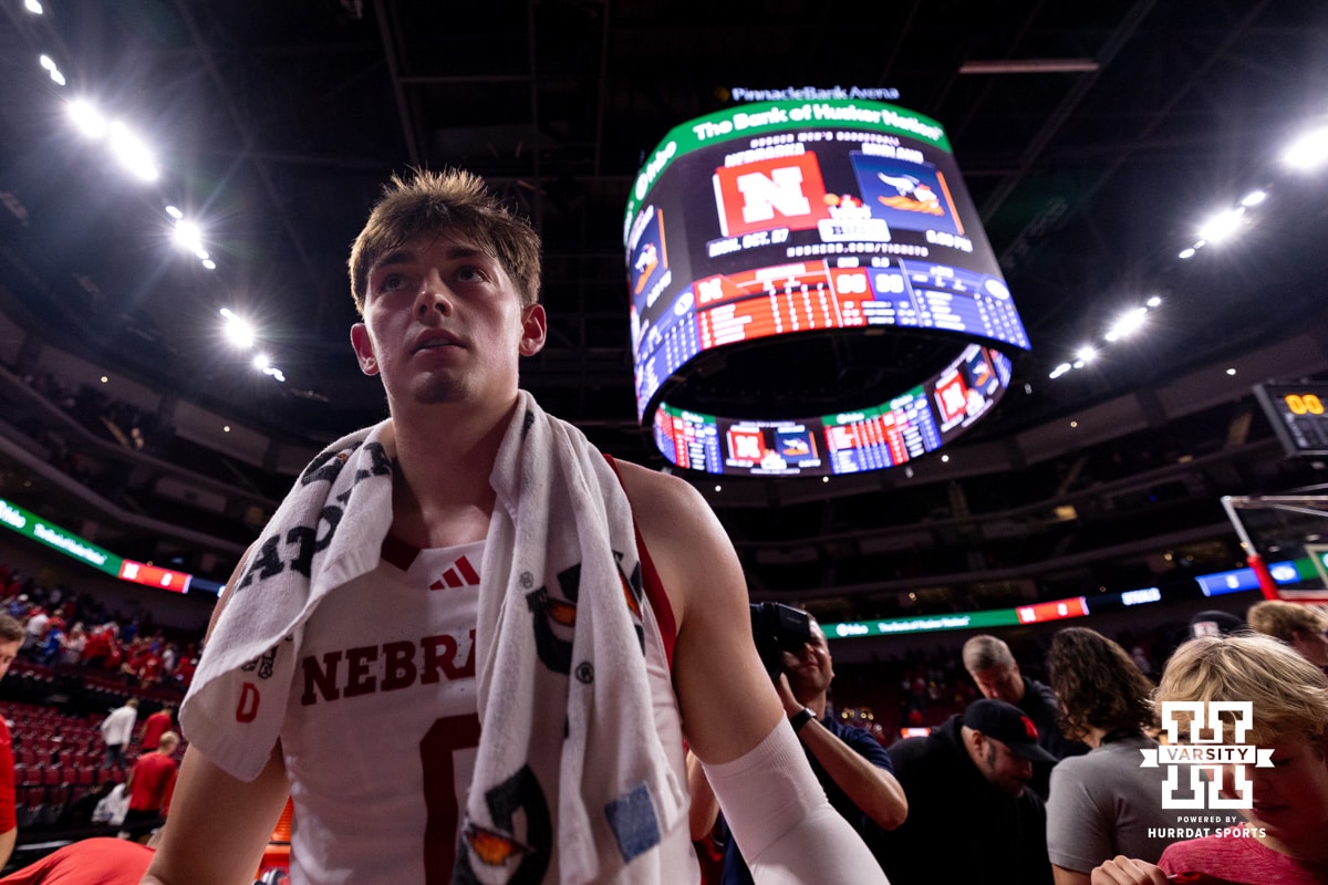 Nebraska senior Connor Essegian (0) makes his way back to the locker room After a college basketball game, Saturday, October 18th, 2025, Lincoln, Nebraska. Photo by Braden Cochran.