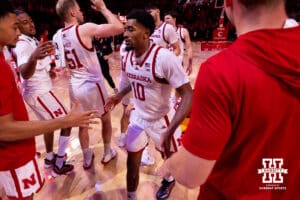 Nebraska guard Jamarques Lawrence (10) makes his way back to the team After a college basketball game, Saturday, October 18th, 2025, Lincoln, Nebraska. Photo by Braden Cochran.