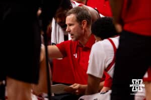 Nebraska Cornhusker head coach Fred Hoiberg talks with his team in the huddle during a college basketball game, Saturday, October 18th, 2025, Lincoln, Nebraska. Photo by Braden Cochran.