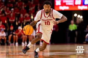 Nebraska Senior Jamarques Lawrence (10) breaks past mid court with the ball during a college basketball game, Saturday, October 18th, 2025, Lincoln, Nebraska. Photo by Braden Cochran.