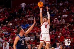 Nebraska Cornhusker Connor Essegian (0) takes a shot from just beyond the arc during a college basketball game, Saturday, October 18th, 2025, Lincoln, Nebraska. Photo by Braden Cochran.