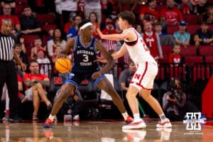 BYU forward AJ Dybansta (3) looks to make a move towards the basket during a college basketball game, Saturday, October 18th, 2025, Lincoln, Nebraska. Photo by Braden Cochran.