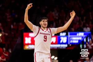 Nebraska Cornhusker forward Berke Buyuktuncel (9) celebrates a three-pointer during a college basketball game, Saturday, October 18th, 2025, Lincoln, Nebraska. Photo by Braden Cochran.
