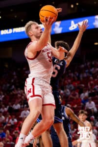 Nebraska's Rienk Mast (51) moves around a defender for a layup during a college basketball game, Saturday, October 18th, 2025, Lincoln, Nebraska. Photo by Braden Cochran.