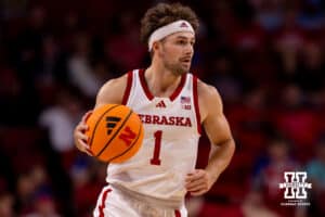 Nebraska guard Sam Hoiberg (1) moves down the court with the ball during a college basketball game, Saturday, October 18th, 2025, Lincoln, Nebraska. Photo by Braden Cochran.