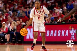 Nebraska's Kendall Blue (2) looks for a target to pass to during a college basketball game, Saturday, October 18th, 2025, Lincoln, Nebraska. Photo by Braden Cochran.